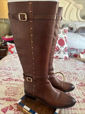 Vince Camuto Brown Leather Riding Boots with Gold Accents SZ 10M